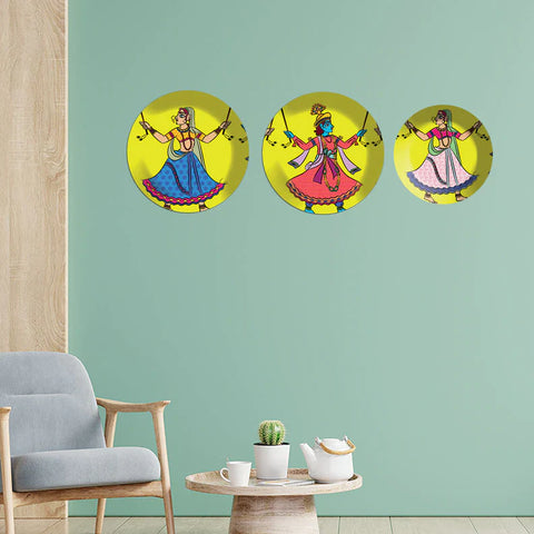 Krishan With Gopiya Dancing  Rash Lila Wall Plates Painting Set of Three