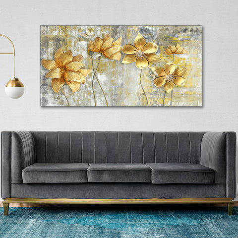 Golden Abstract Flowers Premium Wall Painting