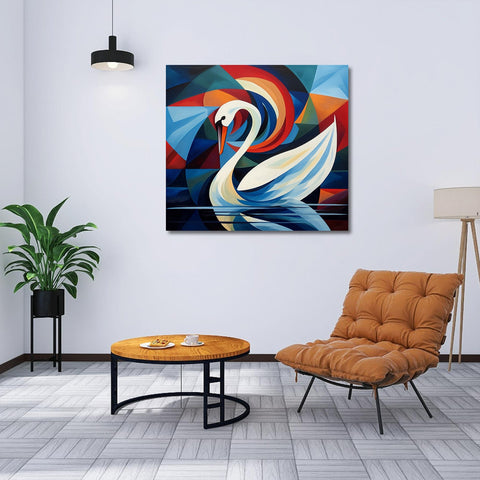 A Panoramic Canvas Painting of a Swan on a Lake with a Breathtaking Sunset