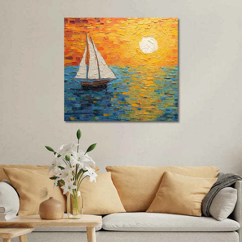 Tranquil Seascape Canvas Painting: Sailboat Sails into a Blaze of Golden Sunset Colors