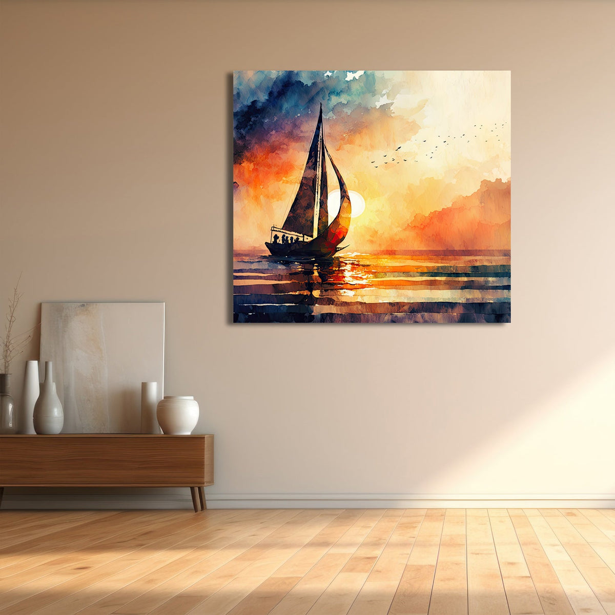 A Serene Seascape Painting of a Sailboat Sailing into the Sunset Artwork