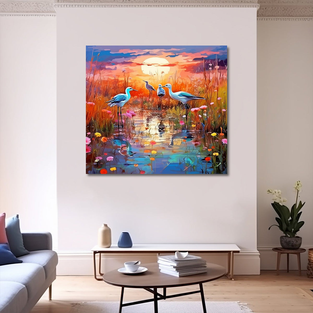 A Tranquil Sunset: Canvas Painting of Birds Resting on a Pond at Dusk