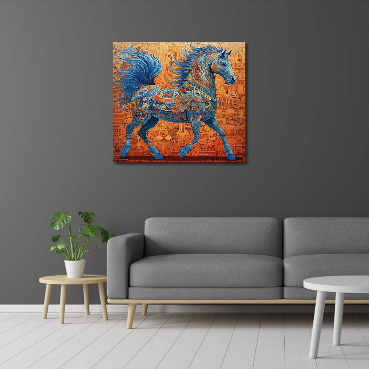 The Ethereal Blue Horse on a Fiery Red Canvas Artwork