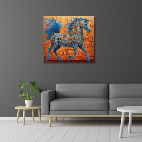 The Ethereal Blue Horse on a Fiery Red Canvas Artwork