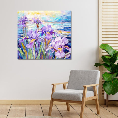 A Play of Light and Shadow: A Realistic Canvas Painting of Purple Irises