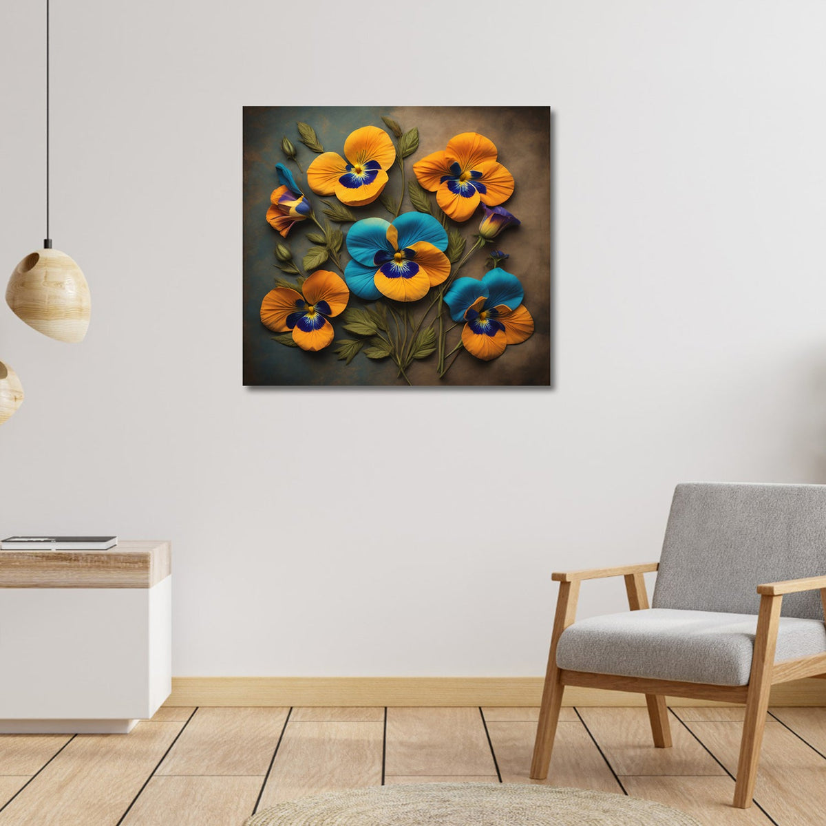 Vibrant Blue and Orange Flowers on a Rustic Background Artwork