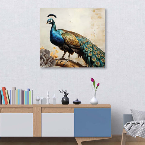 Display of Feathers: A Canvas Painting of a Majestic Peacock