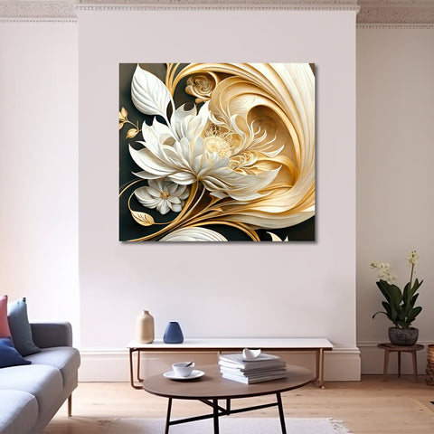 A White Flower with Gold Leaves on a Reflective Surface