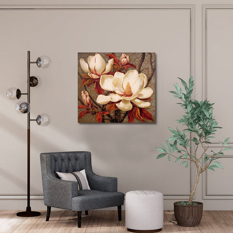 White Flowers and Red Leaves Striking Canvas Painting