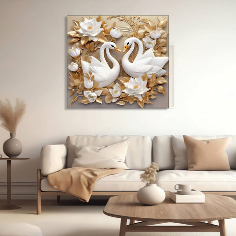 Two Swans and a Field of Flowers Canvas Art Painting Print