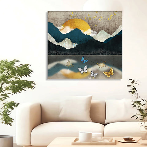 A Mountain Landscape Painting Depicting a Place of Tranquility Where Towering Peaks Meet a Still Lake, With Butterflies