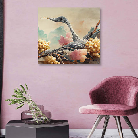 Alluring Canvas Print Painting of a Bird Amongst a Field of Flowers