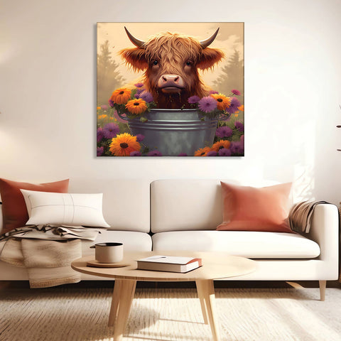 The Pasture Princess: A Cow Takes a Royal Dip in a Bucket of Blooms