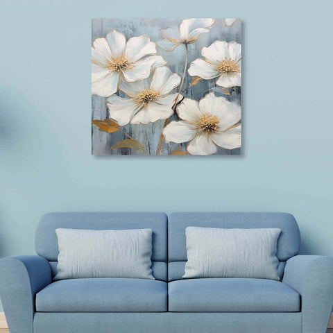 A Stunning Canvas Painting Featuring Delicate White Flowers on a Vibrant Blue Canvas