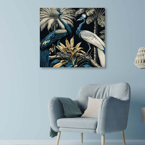 Two Peacocks in a Dazzling Display of Feathers on a Tree Bough Canvas Wall Art