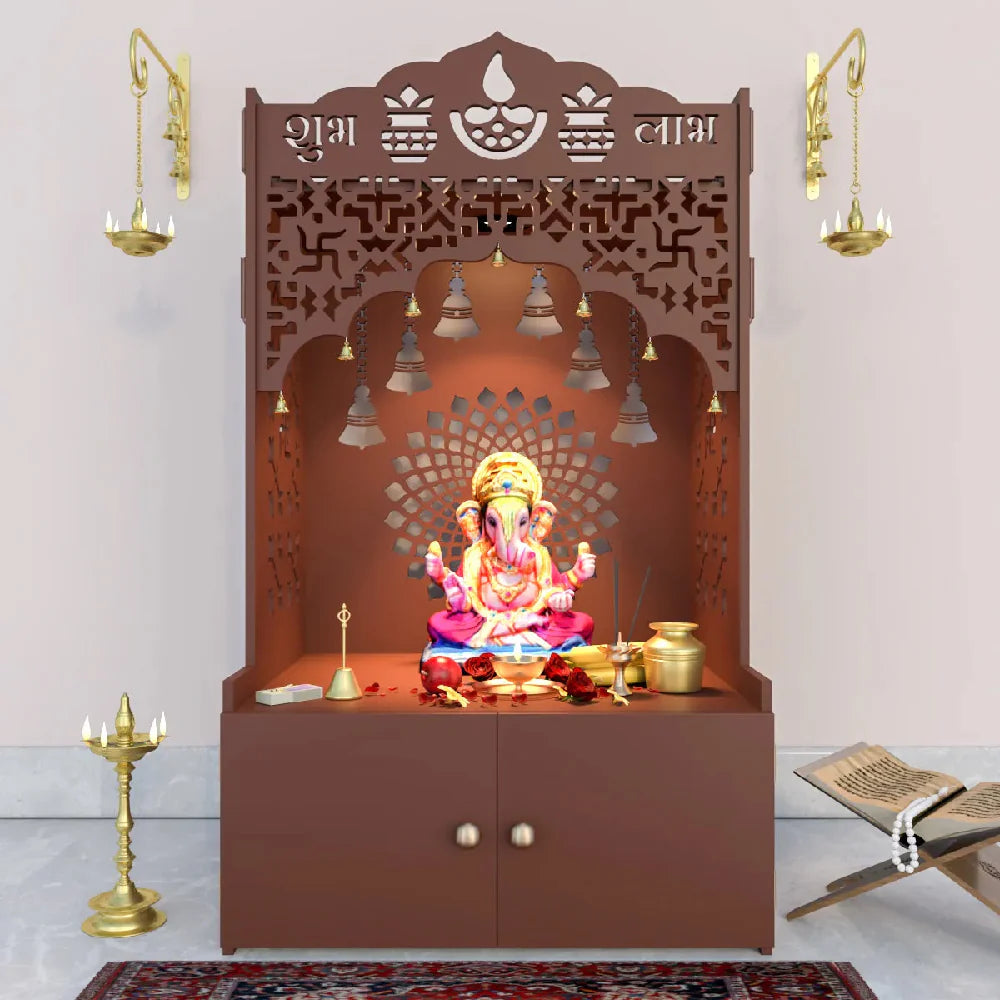 Divine Designer Wooden Floor Temple with Spacious Shelf & Inbuilt Focus Light- Pooja Mandir Brown