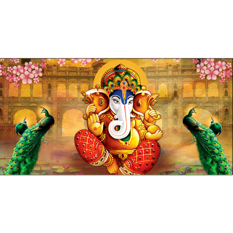 Lord Ganesha With Peacock Religious Canvas Print Wall Painting