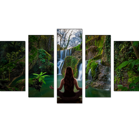 Girl Meditation in Front of waterfall MDF Panel Painting