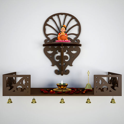 Beautiful Wall Hanging Wooden Temple/ Pooja Mandir Design with Shelf, Brown Color (DS003)