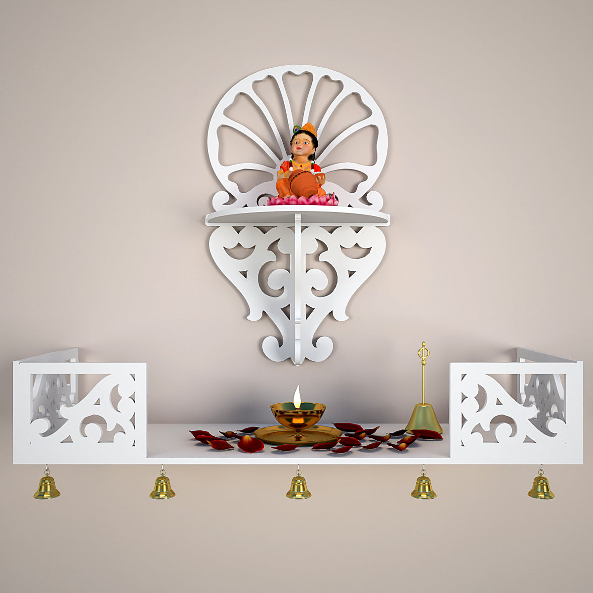 Beautiful Wall Hanging Wooden Temple/ Pooja Mandir Design with Shelf, White Color (DS004)