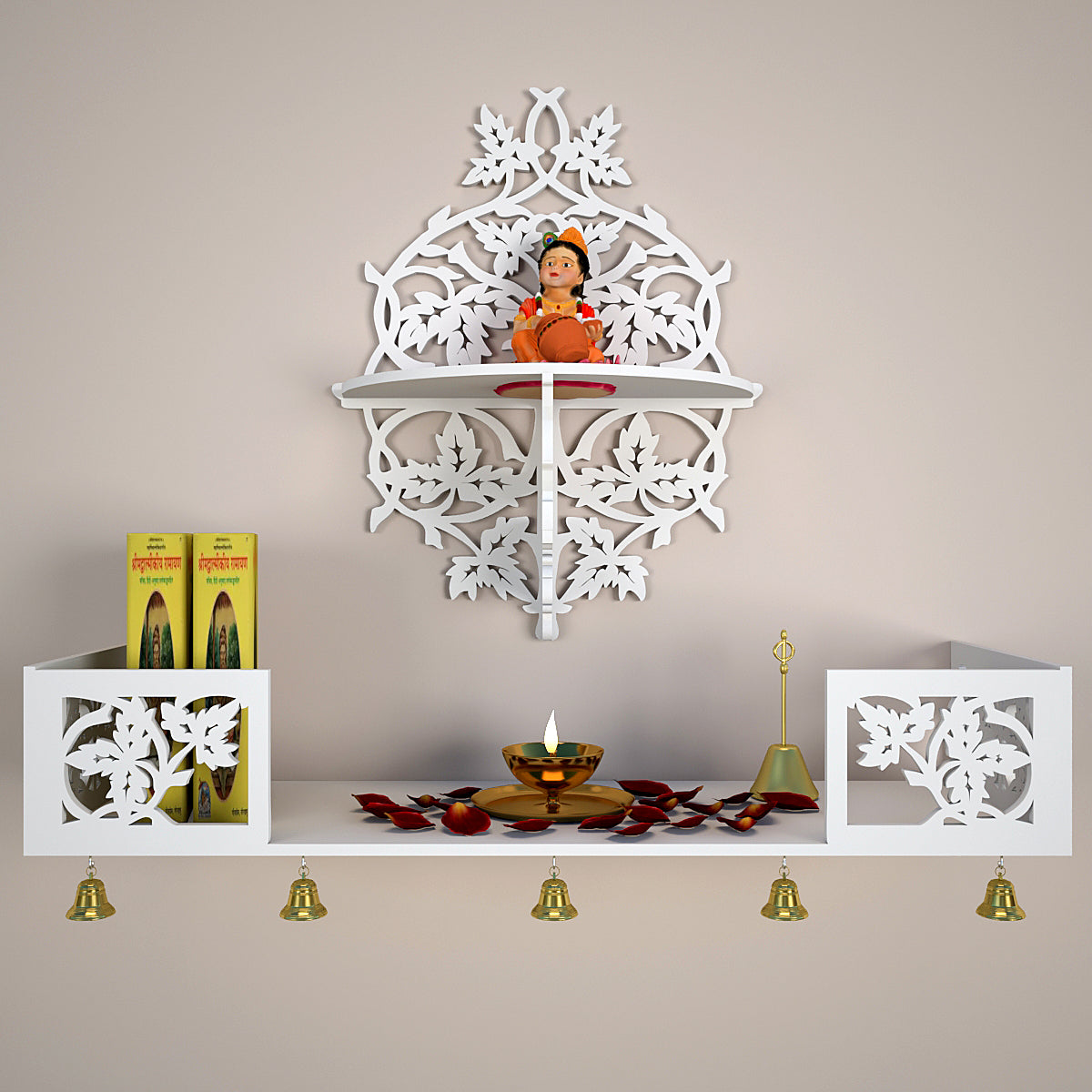 Beautiful Wall Hanging Wooden Temple/ Pooja Mandir Design with Shelf, White Color (DS008)