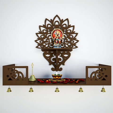 Beautiful Wall Wooden Temple/ Pooja Mandir Design With Shelf, Brown Color