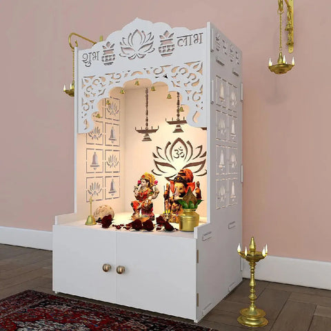 Lotus Pattern Engineered Wood Temple with Spacious Shelf & Inbuilt Focus Light- Pooja Mandir