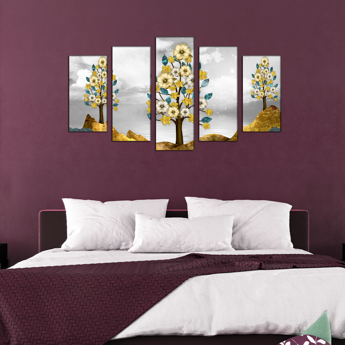 Brown trees with golden flowers MDF panel painting