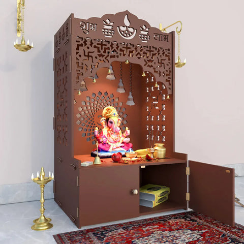 Divine Designer Wooden Floor Temple with Spacious Shelf & Inbuilt Focus Light- Pooja Mandir Brown