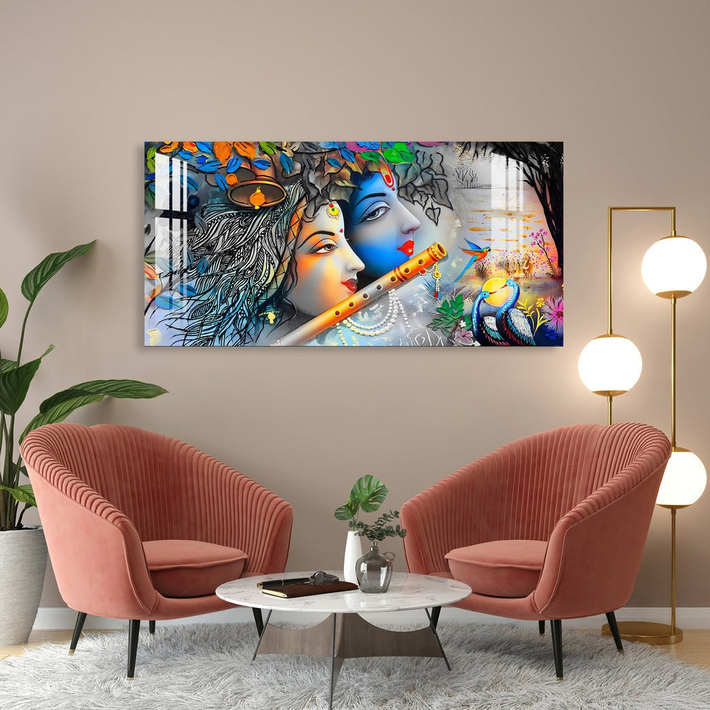 Radha Krishna with Flowers & Flute Acrylic Wall Art