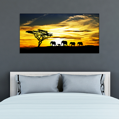 Elephant Family With Sunset Canvas Print Wall Painting