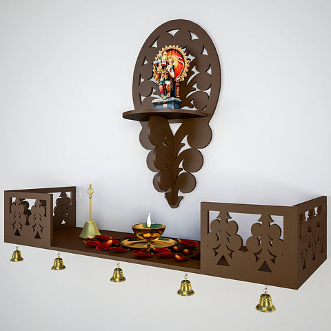 Beautiful Wall Hanging Wooden Temple/ Pooja Mandir Design with Shelf, Brown Color (DS005)