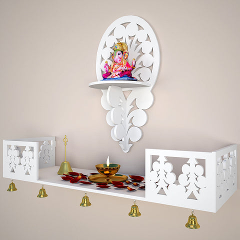 Beautiful Wall Hanging Wooden Temple/ Pooja Mandir Design with Shelf, White Color (DS006)