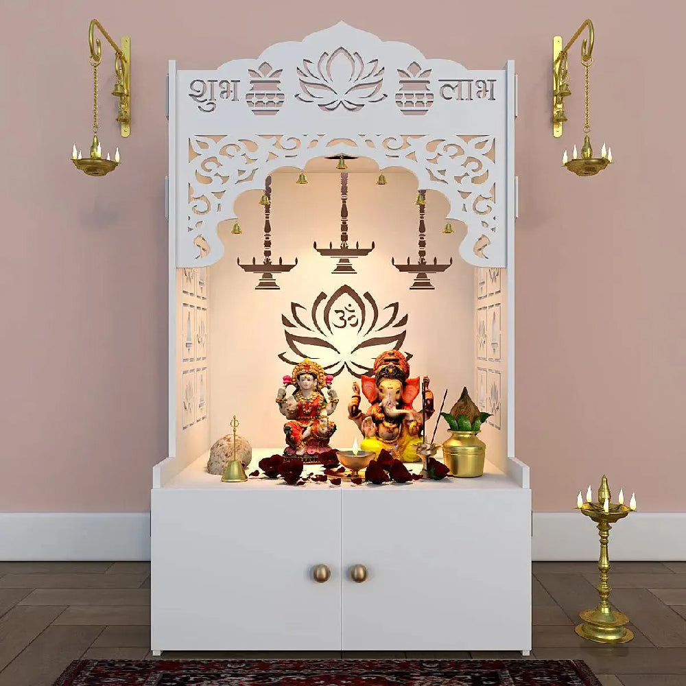 Lotus Pattern Engineered Wood Temple with Spacious Shelf & Inbuilt Focus Light- Pooja Mandir