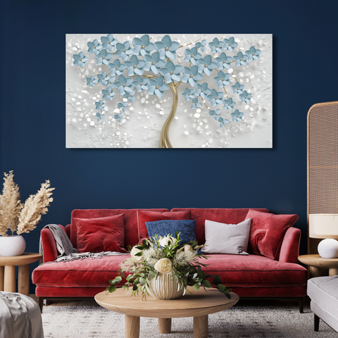 3D Tree Blue Flower Canvas Print Wall Painting