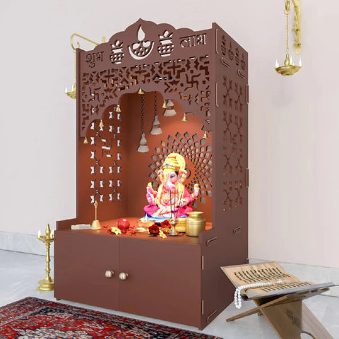 Divine Designer Wooden Floor Temple with Spacious Shelf & Inbuilt Focus Light- Pooja Mandir Brown