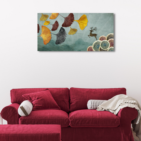 3D Floral  Leaf, Deer And Circles Canvas Print Wall Painting