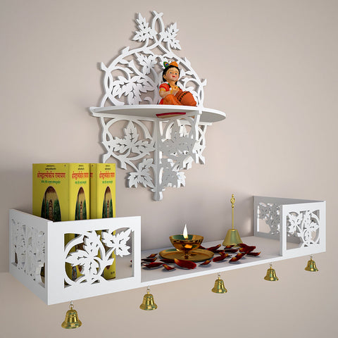 Beautiful Wall Hanging Wooden Temple/ Pooja Mandir Design with Shelf, White Color (DS008)