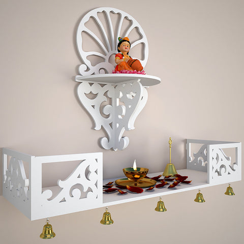 Beautiful Wall Hanging Wooden Temple/ Pooja Mandir Design with Shelf, White Color (DS004)