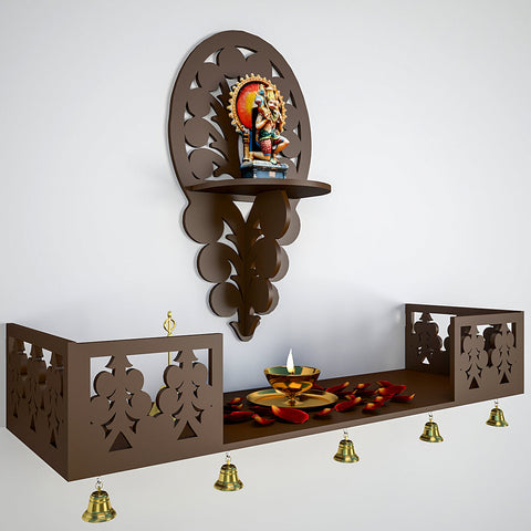 Beautiful Wall Hanging Wooden Temple/ Pooja Mandir Design with Shelf, Brown Color (DS005)