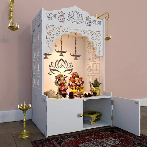 Lotus Pattern Engineered Wood Temple with Spacious Shelf & Inbuilt Focus Light- Pooja Mandir