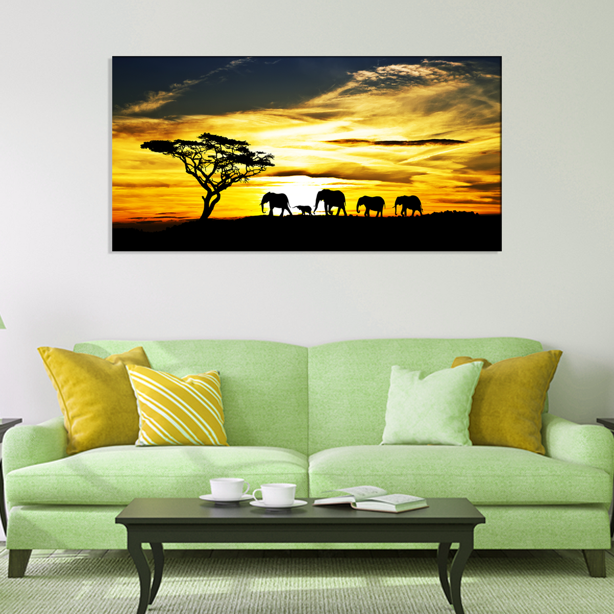 Elephant Family With Sunset Canvas Print Wall Painting