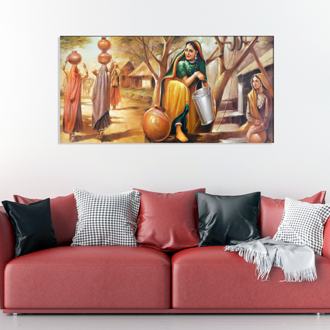 Woman Who is Filling Water in a Pot Abstract Canvas Print Wall Painting