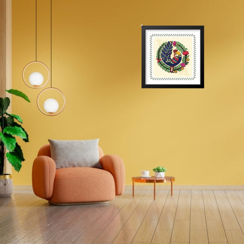 Madhubani Art Peacock and Flower Dance in Colorful Elegance WALL FRAME