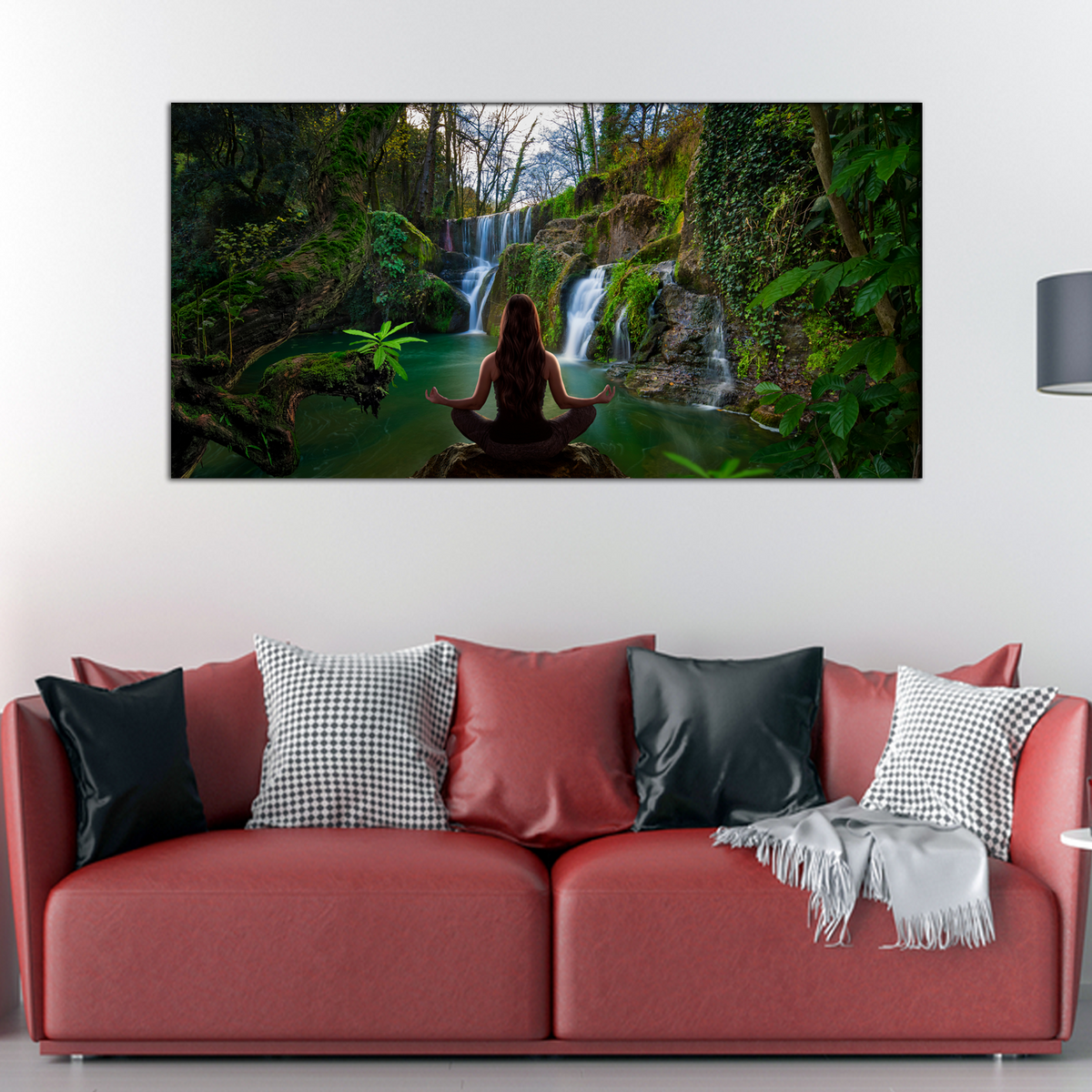 girl doing yoga in front of waterfall 