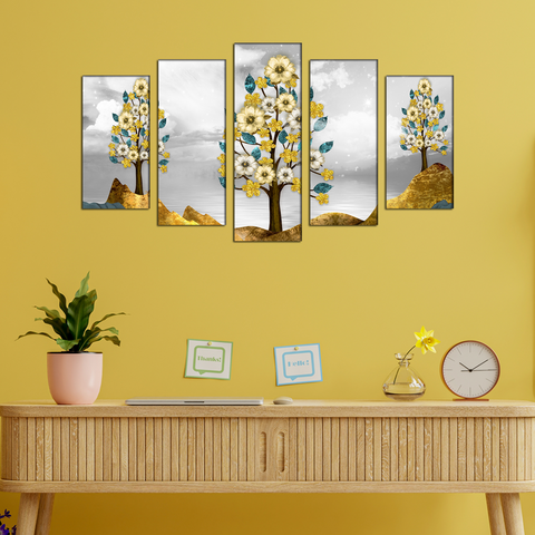 Brown trees with golden flowers MDF panel painting