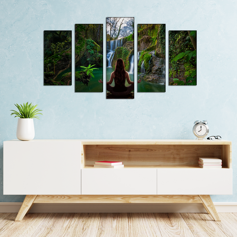 Girl Meditation in Front of waterfall MDF Panel Painting