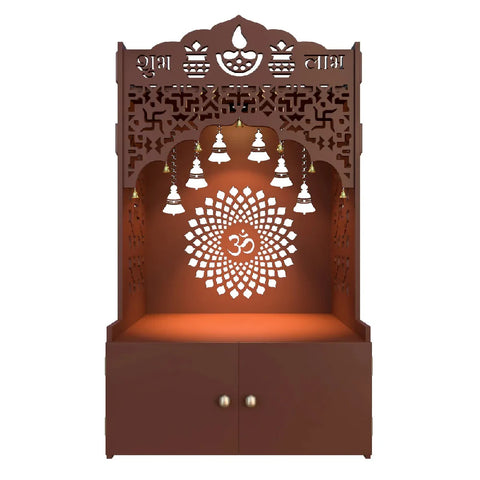 Divine Designer Wooden Floor Temple with Spacious Shelf & Inbuilt Focus Light- Pooja Mandir Brown