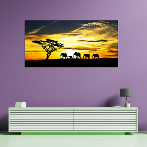 Elephant Family With Sunset Canvas Print Wall Painting