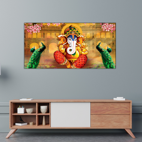 Lord Ganesha With Peacock Religious Canvas Print Wall Painting